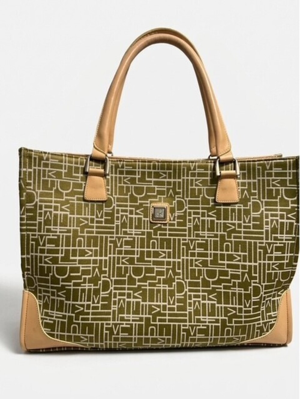 Diane Van Furstenburg DVF Monogram Green Tan Canvas Tote Bag